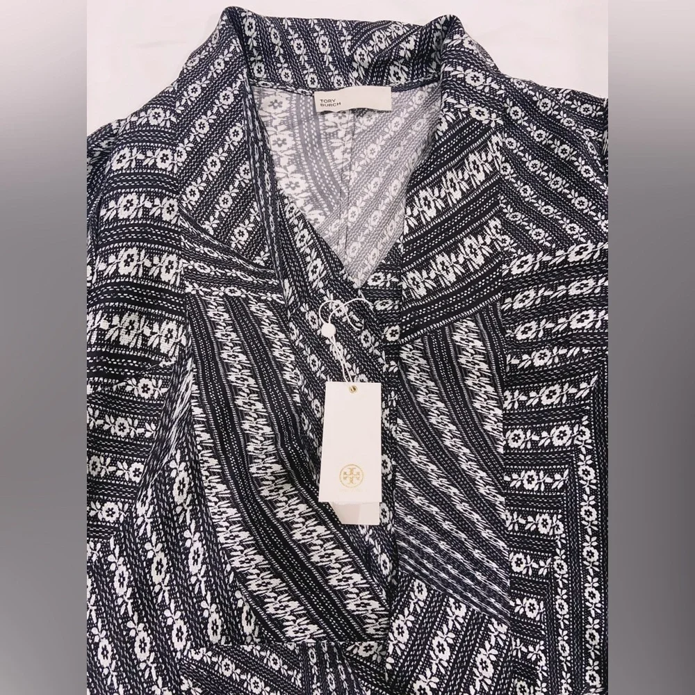 NWT $898 Tory Burch Printed Bow Blouse Dress In Black Warped Lace